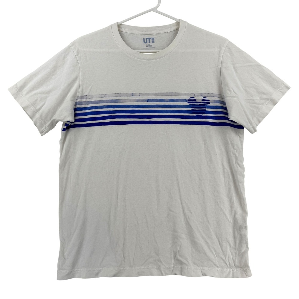 Uniqlo Disney Shirt‎ Mens Medium White Blue Stripe Mickey Mouse Head Graphic Tee